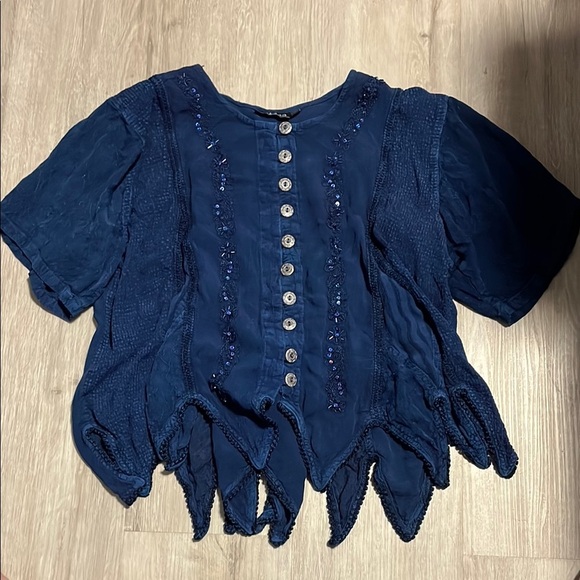 Papa Blue Ruffled Blouse with Mandarin Collar Large - Picture 1 of 3